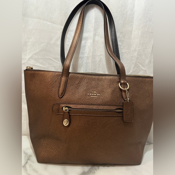 Coach Polished Pebble Leather Taylor Metallic Bronze Tote - Picture 3 of 11